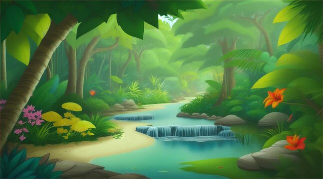lush forest landscape with a tranquil stream, surrounded by vibrant green trees and colorful flowers, evoking a sense of peace and harmony