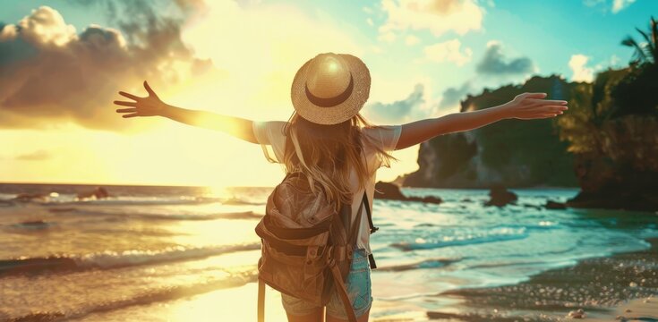 A woman with arms outstretched on a beach, wearing a hat and backpack, with the sun shining in the background Generative AI