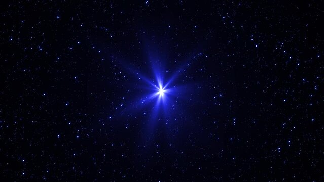 Cinematic cosmic background of blue glowing strars in the space. Cosmos, Universe, space travel concept. Shiny star surrounded by cosmic dust. Supernova, Nebula, Sirius, and stardust animation.