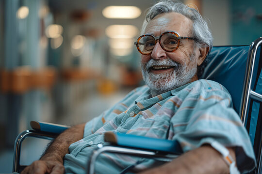 Smiling elderly man in wheelchair wearing glasses in a hospital corridor