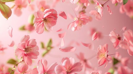 Fototapeta na wymiar A stunning image showcasing fresh quince blossoms, with beautiful pink flowers falling gracefully in the air against a pink background