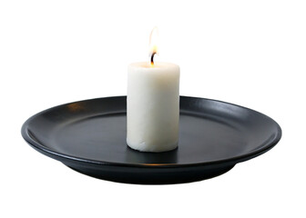 Burning candle in a black plate isolated on a transparent background.