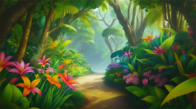  Lush, green, tropical forest pathway surrounded by vibrant flowers and dense foliage