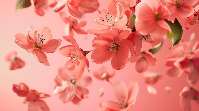 A stunning image showcasing fresh quince blossoms, with beautiful pink flowers falling gracefully in the air against a pink background