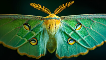 Closeup green Luna Moth, Butterfly  with yellow markings on wings.