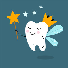 Cute tooth fairy with magic wand and crown vector illustration