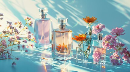 Perfume bottles adorned with flowers against a light background, showcasing a collection of fragrances in the realm of perfumery, cosmetics, and fragrance. - obrazy, fototapety, plakaty
