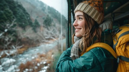 woman traveling on a train with backpack looking out the window and smiling  