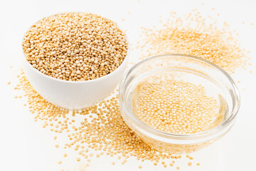 Quinoa seeds fermented with water in glass bowl - Chenopodium quinoa