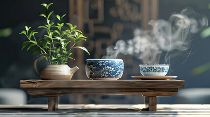 A 3D realistic rendering of a glass of matcha latte with a bamboo whisk, a bowl of green powder, and tea leaves