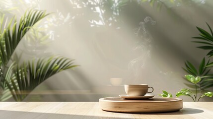 A 3D realistic rendering of a glass of matcha latte with a bamboo whisk, a bowl of green powder, and tea leaves