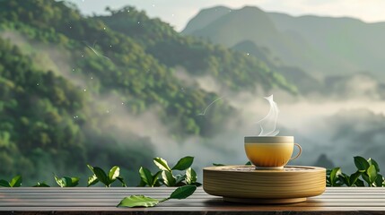 A 3D realistic rendering of a glass of matcha latte with a bamboo whisk, a bowl of green powder,...