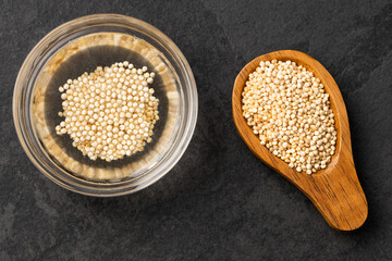 Chenopodium quinoa - Quinoa seeds fermented with water in glass bowl