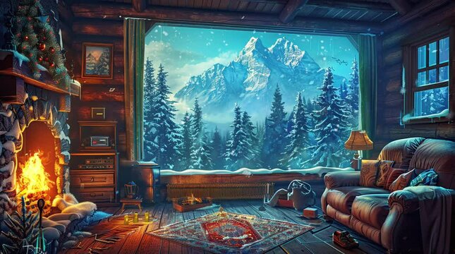Cozy winter living room with fireplace and snow-covered window view Seamless looping 4k time-lapse virtual video animation background. Generated AI