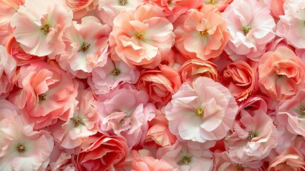 A bouquet of red and pink flowers in close-up. The flowers are arranged in such a way that a sense of depth is created. Realistic flowers on the full screen. Illustration for cover, card, postcard.