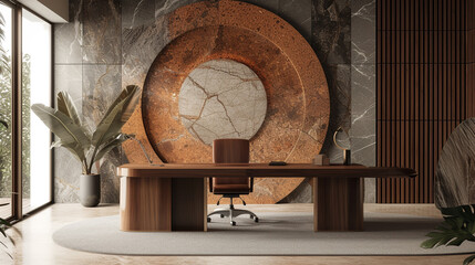 Art Nouveau-inspired office, circular marble mosaic inlay on the desk. Background Flowing organic patterns in muted earth tones.