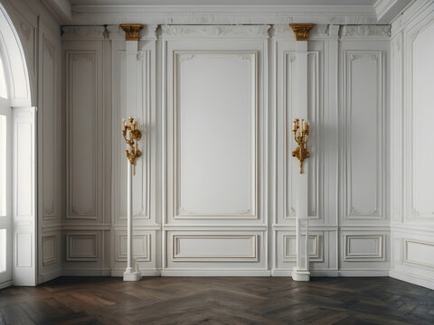 White empty room with stucco mouldings and sconces. Classic interior style design.