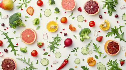Fresh variety of fruits and vegetables on a white background. Ideal for healthy eating concept