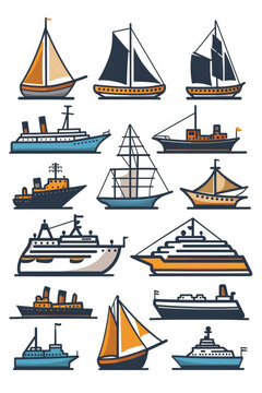 A collection of different types of ships on a plain white background. Suitable for nautical themed designs