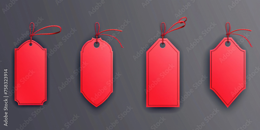 Poster Four red tags hanging from a string, useful for labeling or organizing
