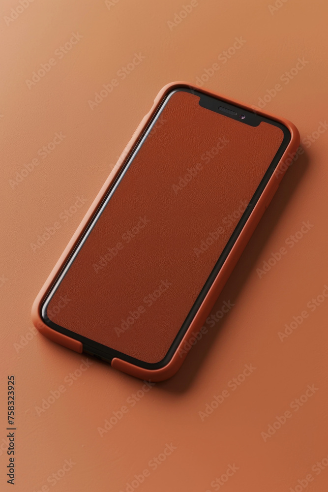 Poster a bright orange phone case displayed on a table. ideal for technology or lifestyle concepts