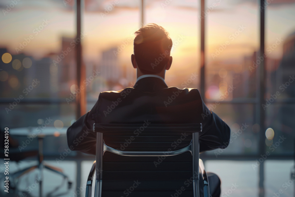 Poster a man sitting in a chair looking out a window, suitable for various concepts