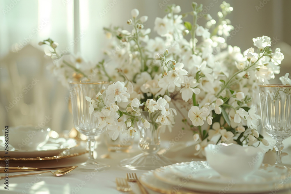 Poster elegant table setting with white flowers, perfect for event planning