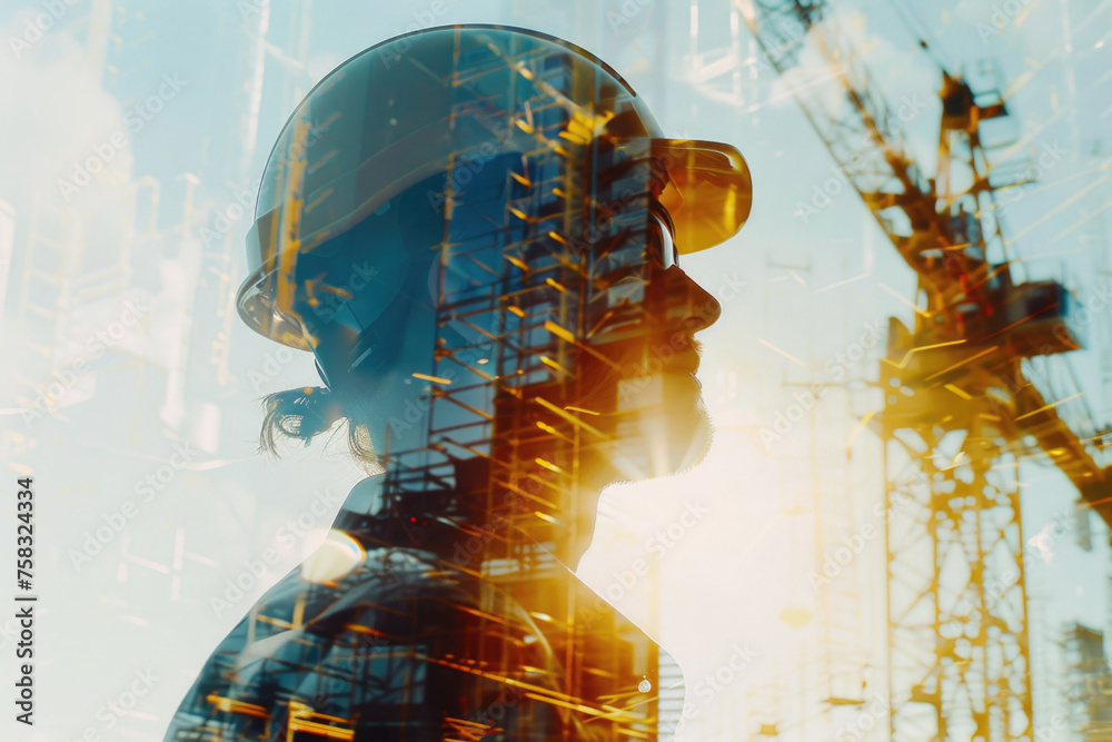 Poster a man in a hard hat standing in front of a construction site. ideal for construction industry concep