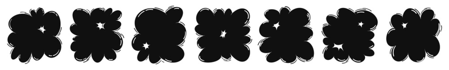 Black modern bubble abstract shapes y2k set. Balloon graffiti elements collection, funny doodle hand drawn organic frames, blobs. Cartoon vector illustration isolated on transparent background