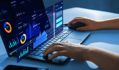 KPI Dashboard on virtual screen. Businessman analysing finance data graph on stock market....