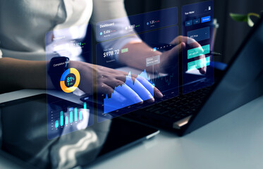 KPI Dashboard on virtual screen. Businessman analysing finance data graph on stock market. Financial management technology.	
Dashboard a wallet Account digital. 