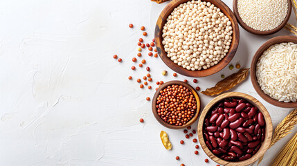 Obraz na płótnie Canvas Top view of various beans, legumes and grains on a white background with copy space for healthy eating or grocery shopping concepts