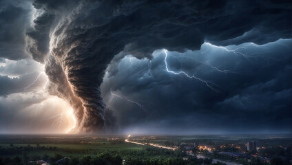A tornado touches down in a rural area. - obrazy, fototapety, plakaty