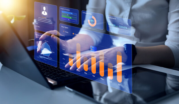 Advisor using Employee-KPI Dashboard on screen. Employee profile dashboard. HR Attrition,Employee retention, human resources Analytics and Engagement.CRM Customer Relationship Management	