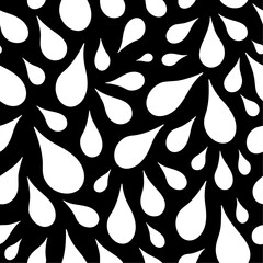 Contrasty monochrome seamless vector pattern with white drops tightly placed close together over black background. White droplets varying in size on dark backdrop surface art for printing.
