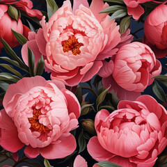 Vintage Hyper Realistic Illustration of Pink Peonies with Leaves Seamless Pattern
