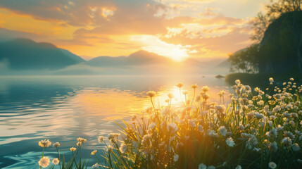 Beautiful sunset over a serene lake with white flowers, ideal for nature and landscape backgrounds