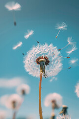 A dandelion with seeds blowing in the wind. Suitable for nature and spring concepts