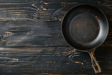 A frying pan on a wooden table, perfect for cooking or kitchen concepts