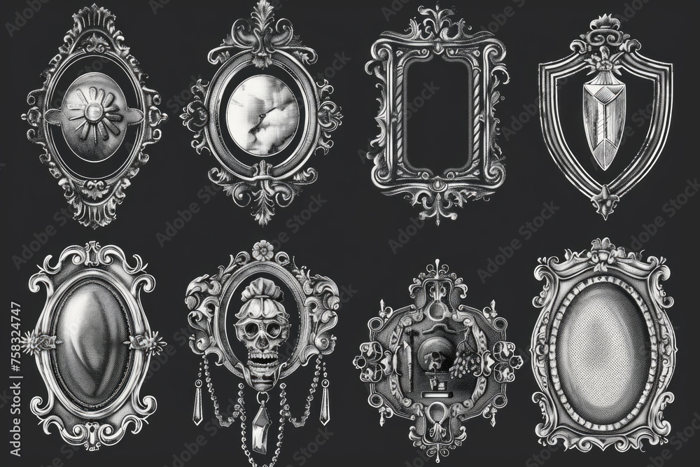 Poster Collection of ornate frames against a black backdrop. Ideal for adding elegance to designs