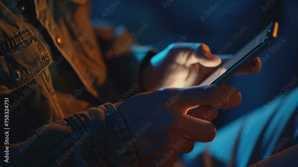 Poster close up of a person holding a cell phone. suitable for technology concepts