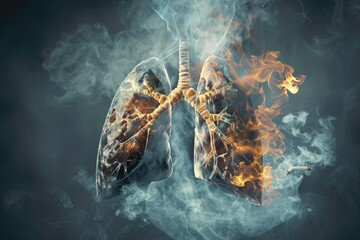 Human lungs in tobacco smoke. People smoke dangerous cigarettes and the smoke gets into their lungs. The concept of the harm of smoking and smoking cessation. - obrazy, fototapety, plakaty