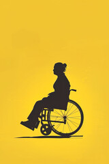 Silhouette illustration of a person in a wheelchair. Yellow background, disability and inclusion concept