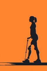 Silhouette illustration of a person with prosthesis over orange background. Inclusion and disability concept