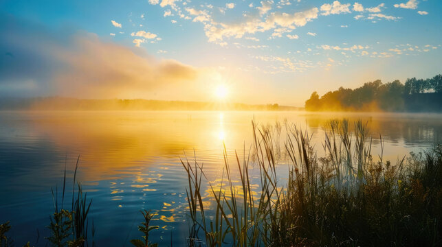 Beautiful sunset scene over a serene lake with reeds. Ideal for nature and landscape concepts