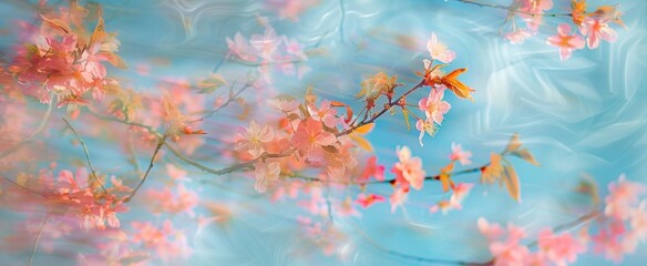 branches of pink cherry blossoms against the sky, shot from below, long exposure, blurred movements, trace of movement, spring banner, Mother's day background