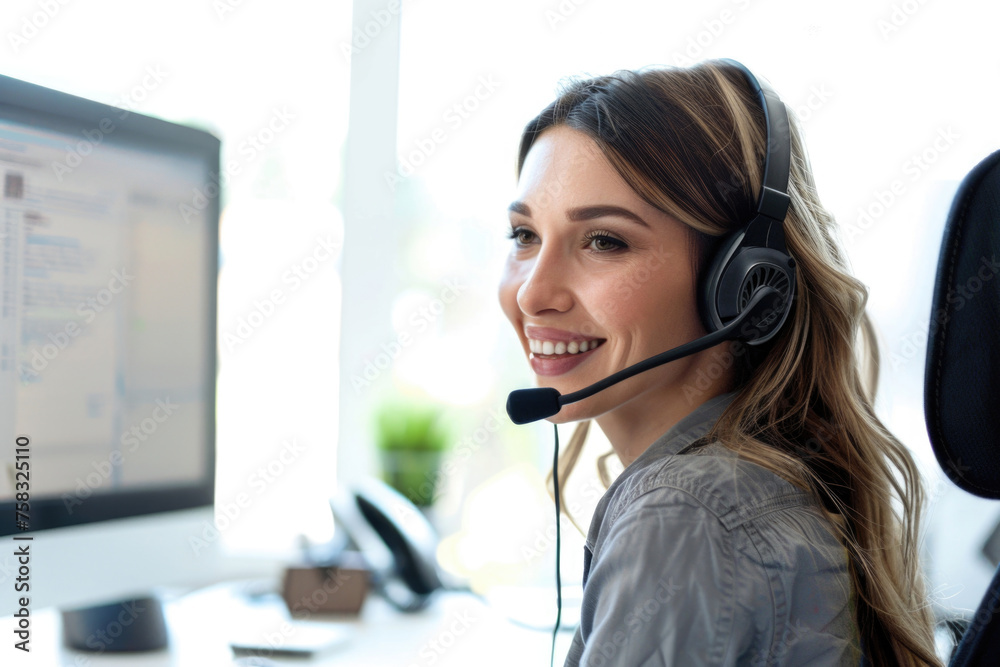 Poster woman wearing a headset sitting in front of a computer. suitable for business and technology concept