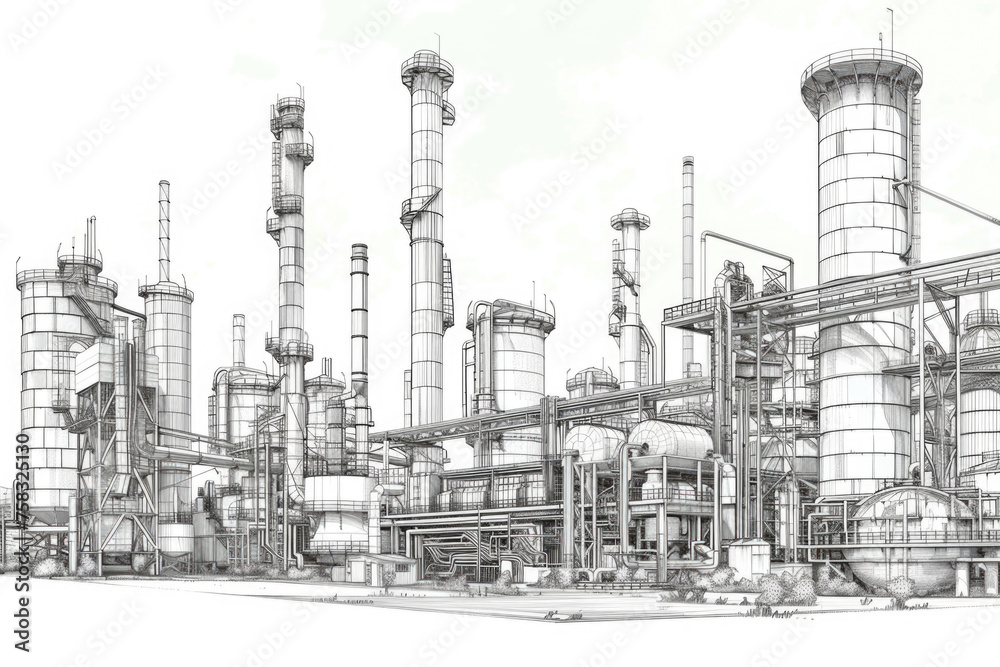 Poster detailed drawing of a factory with numerous pipes. suitable for industrial concepts