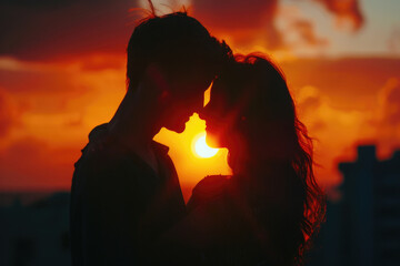 A man and a woman kissing in front of a beautiful sunset. Ideal for romantic concepts