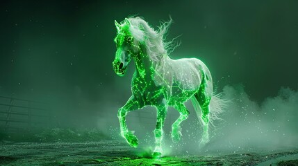 A mystical horse with a green glow. A hoofed animal (stallion or mare) running fast. Illustration for cover, card, postcard, interior design, banner, poster, brochure or presentation.